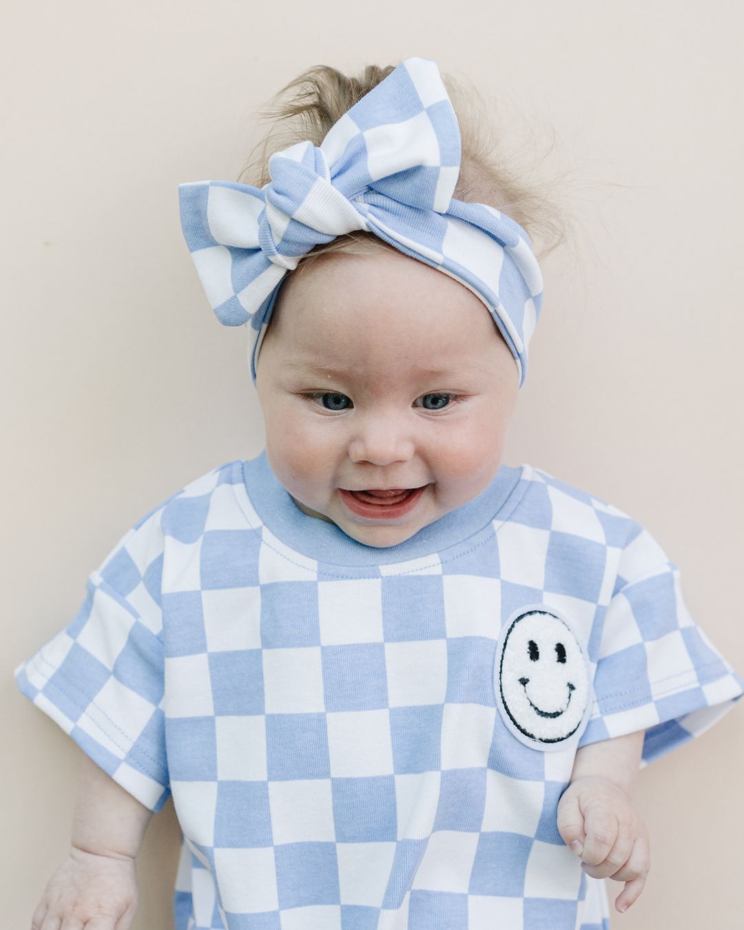 Short Sleeve Bubble Romper | Checkered Smiley Blue