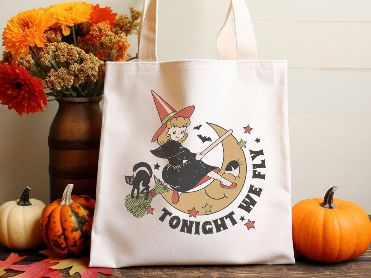 Vintage Witch Tonight We Fly Canvas Tote